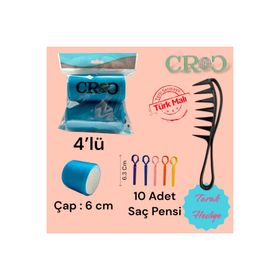 Croc 1208 Mavi Cırtlı 4'lü Çap 6 cm Sünger Bigudi + 10'lu Plastik Saç Pensi