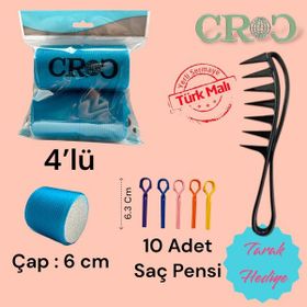 Croc 1208 Mavi Cırtlı 4'lü Çap 6 cm Sünger Bigudi + 10'lu Plastik Saç Pensi