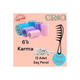 Croc 1225 Karma Bigudi 6'lı + Saç Pensi 12'li Cırtlı Yapışkanlı Saç Bigudisi