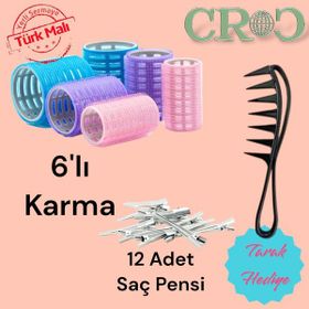 Croc 1225 Karma Bigudi 6'lı + Saç Pensi 12'li Cırtlı Yapışkanlı Saç Bigudisi