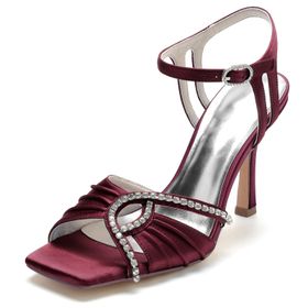 CrtTsks Rhinestone Bordo Ayak Bileği Kayış Yüksek Topuk Kadın Sandalet