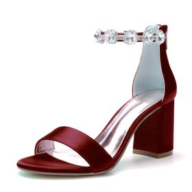 CrtTsks Rhinestone Tıknaz Topuk Sivri Burun Bordo Kadın Sandalet