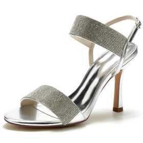 CrtTsks Stilettos Gümüş Deri Açık Parmak Kadın Sandalet