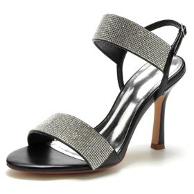 CrtTsks Stilettos Siyah Deri Açık Parmak Kadın Sandalet