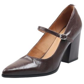 Cuteheels Mary-Jane Kahverengi Burun Kısmı Sivri Kadın Tıknaz Topuklu Ayakkabı