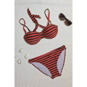 Dagi Straplez Destekli Push-up Çizgili Kırmızı Bikini Takımı