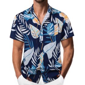 Danfiki Hawaii Kısa Kollu Çiçek Koyu Mavi Sarı Yaprak Erkek Gömlek