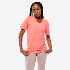 Decathlon Domyos 500 Fitness Hafif Antrenman Pastel Turuncu V Yaka Spor Kadın T-shirt