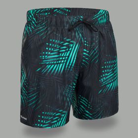 Decathlon Palm 100 Siyah Turkuaz Palmiye Desenli Kısa 15 inç Erkek Deniz Şortu