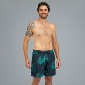 Decathlon Palm 100 Siyah Turkuaz Palmiye Desenli Kısa 15 inç Erkek Deniz Şortu
