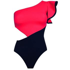 Deep Beach DB200743M Kolu Volan Detaylı Asimetrik Kırmızı Siyah Mayo