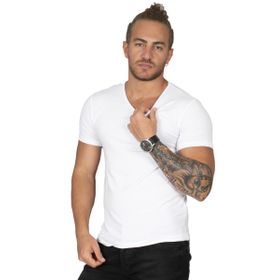 Deepsea 1801165 V Yakalı Likralı Dar Kesim Beyaz Erkek T-shirt