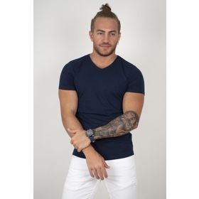 Deepsea 1801165 V Yakalı Likralı Dar Kesim Lacivert Erkek T-shirt