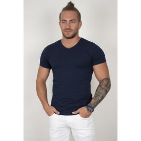 Deepsea 1801165 V Yakalı Likralı Dar Kesim Lacivert Erkek T-shirt