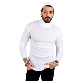 Deepsea 2100015 Beyaz Balıkçı Yaka Çizgili Slim Fit Erkek Örme Kazak