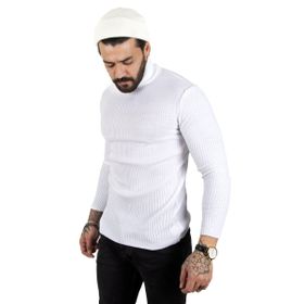 Deepsea 2100015 Beyaz Balıkçı Yaka Çizgili Slim Fit Erkek Örme Kazak