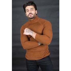 Deepsea 2100015 Kahve Balıkçı Yaka Çizgili Slim Fit Erkek Örme Kazak