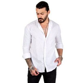 DeepSEA 2201895 Beyaz Erkek Çizgili Likralı Hakim Yaka Ham Keten Uzun Kollu Gömlek