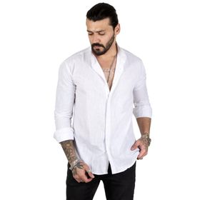 DeepSEA 2201895 Beyaz Erkek Çizgili Likralı Hakim Yaka Ham Keten Uzun Kollu Gömlek