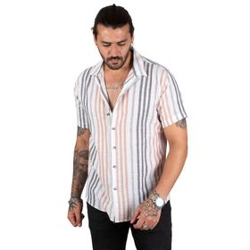 Deepsea 2201917 Erkek Beyaz Kahve Apaç Yaka Keten Gömlek