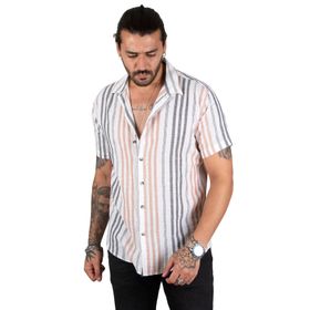 Deepsea 2201917 Erkek Beyaz Kahve Apaç Yaka Keten Gömlek