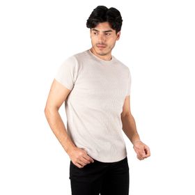 Deepsea 2302306 Bej Eteği Oval Kesim Waffle Kumaş Bisiklet Yaka Erkek T-shirt