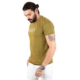 Deepsea 2303046 Sarı Önü Yazı Nakışlı Bisiklet Yaka Erkek T-shirt