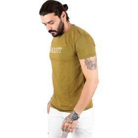 Deepsea 2303046 Sarı Önü Yazı Nakışlı Bisiklet Yaka Erkek T-shirt