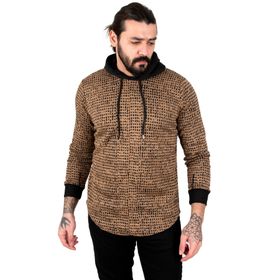 Deepsea 2303084 Vizon Piksel Detaylı Kolları Ribanalı Eteği Oval Kesim Kapüşonlu Erkek Sweatshirt