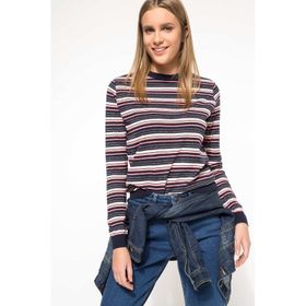 DeFacto 224152468 Gri Yatay Çizgili Slim Fit Triko Erkek Kazak