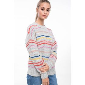 DeFacto 224152468 Gri Yatay Çizgili Slim Fit Triko Erkek Kazak