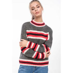 DeFacto 224152468 Gri Yatay Çizgili Slim Fit Triko Erkek Kazak