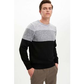 DeFacto 224152470 Gri Yatay Çizgili Slim Fit Triko Erkek Kazak