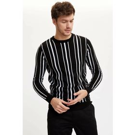 DeFacto 224152470 Gri Yatay Çizgili Slim Fit Triko Erkek Kazak