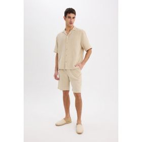 DeFacto 7589AX25SM Bej-BG695 Erkek Pamuk Relax Fit Müslin Cepli Basic Düz Bermuda Şort
