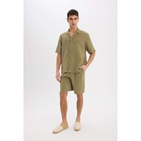 DeFacto 7589AX25SM Haki-KH436 Erkek Pamuk Relax Fit Müslin Cepli Basic Düz Bermuda Şort