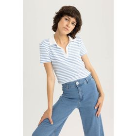DeFacto A0380AX23SM Beyaz-WT32 Fitted Polo Yaka Çizgili Kısa Kollu Kadın T-shirt