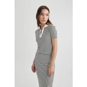 DeFacto A0380AX23SM Beyaz-WT32 Fitted Polo Yaka Çizgili Kısa Kollu Kadın T-shirt
