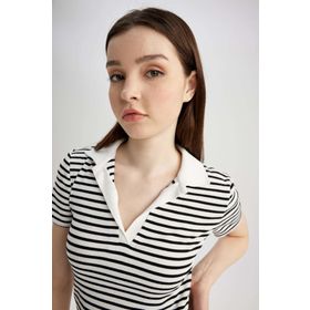 DeFacto A0380AX23SM Yeşil-GN100 Fitted Polo Yaka Çizgili Kısa Kollu Kadın T-shirt