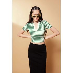 DeFacto A0380AX23SM Yeşil-GN100 Fitted Polo Yaka Çizgili Kısa Kollu Kadın T-shirt