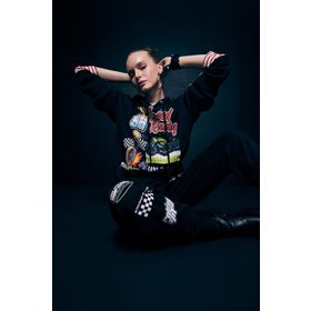 DeFacto A1096AX23SP Siyah Cool Oversize Fit Kapüşonlu Baskılı Kadın Sweatshirt