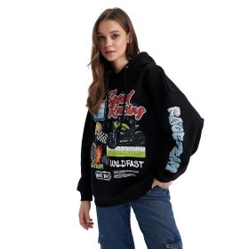 DeFacto A1096AX23SP Siyah Cool Oversize Fit Kapüşonlu Baskılı Kadın Sweatshirt