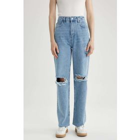 DeFacto A5148AX23HSNM39 Kadın 90's Wide Leg Yırtık Detaylı Jean Uzun %100 Pamuk Pantolon