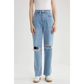 DeFacto A5148AX23HSNM39 Kadın 90's Wide Leg Yırtık Detaylı Jean Uzun %100 Pamuk Pantolon