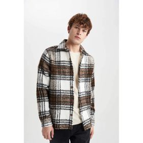 DeFacto A7996AX23WN Kahve-BN497 Regular Fit Polo Yaka Ekose Desenli Erkek Gömlek Ceket