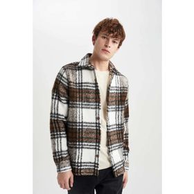 DeFacto A7996AX23WN Kahve-BN497 Regular Fit Polo Yaka Ekose Desenli Erkek Gömlek Ceket
