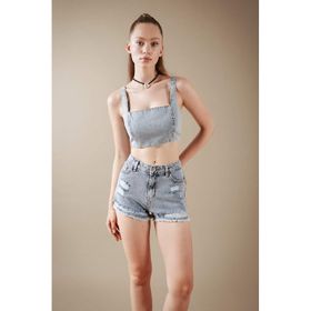 DeFacto A8524AX23HS NM39 Jean %100 Pamuk Crop Bluz