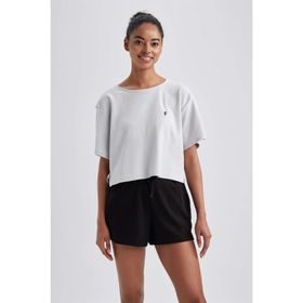 DeFacto A9916AX23HS Gri-GR294 Crop Bisiklet Yaka Sporcu Kısa Kollu Kadın T-shirt
