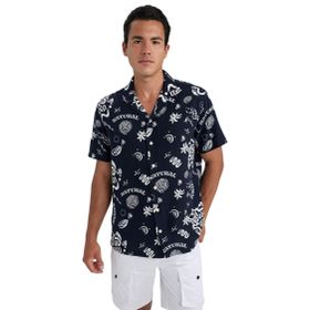 DeFacto B0096AX23HS Lacivert-NV239 Relax Fit Baskılı Keten Görünümlü Kısa Kollu Erkek Gömlek