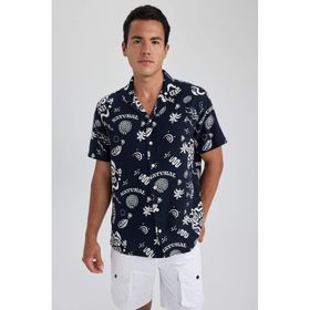 DeFacto B0096AX23HS Lacivert-NV239 Relax Fit Baskılı Keten Görünümlü Kısa Kollu Erkek Gömlek